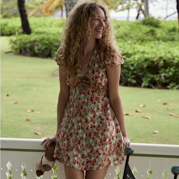 Doen Dresses & Skirts - NWT Doen Kelsea Silk Rosette Floral V-Neck Short Sleeve Mini Dress Tulip Fields